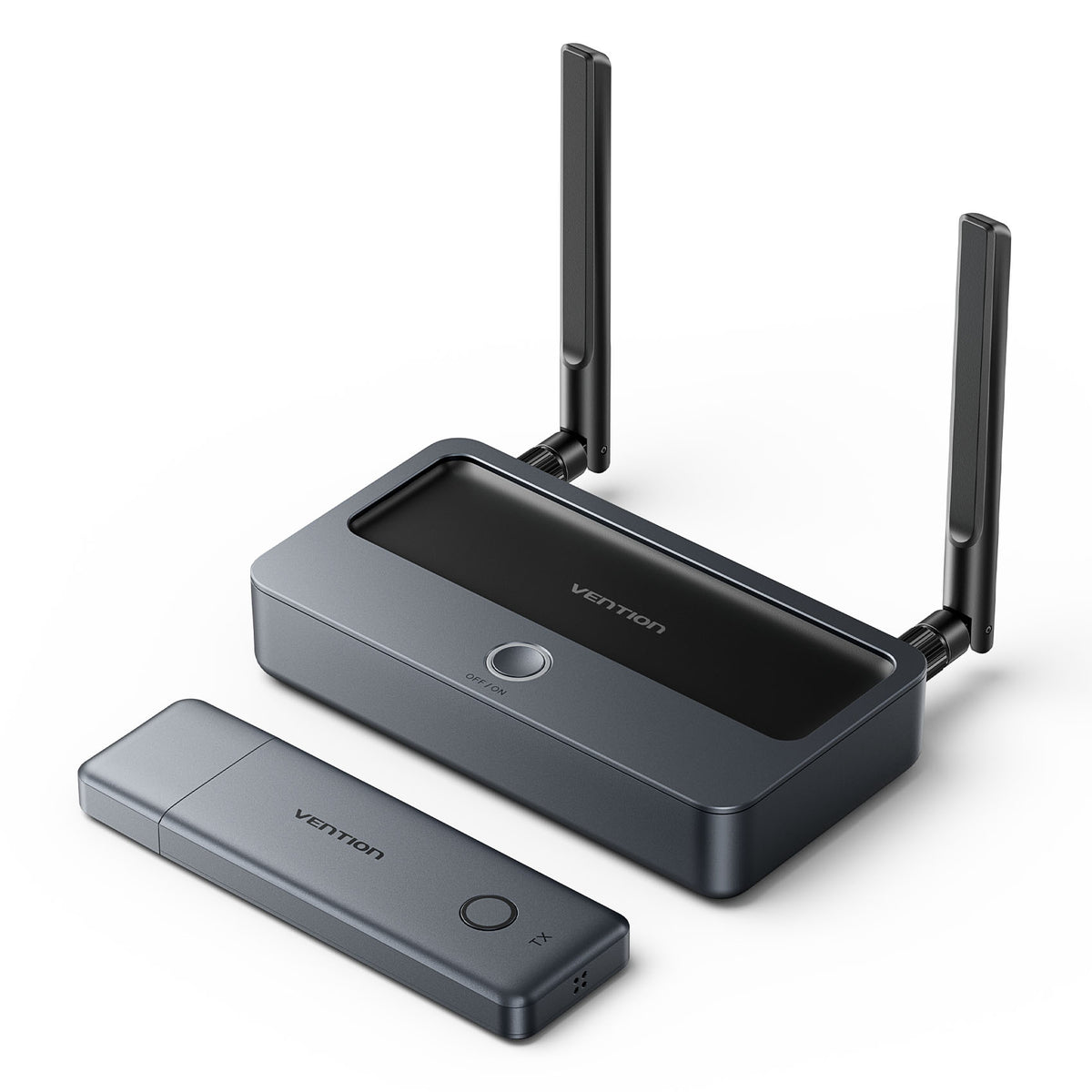 Dispositivo eletrónico cinza com antenas e transmissor rectangular