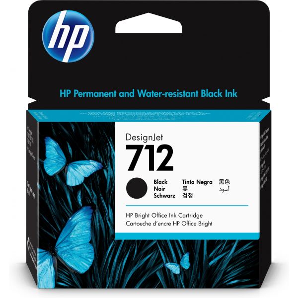 Embalagem de tinteiro HP DesignJet 712 preta com borboletas azuis e folhas negras