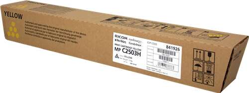 Cartucho de toner amarelo Ricoh MP C2503H em embalagem de cartão castanho