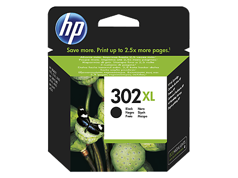Cartucho de tinta HP 302 XL preto em embalagem preta e verde com imagem de plantas