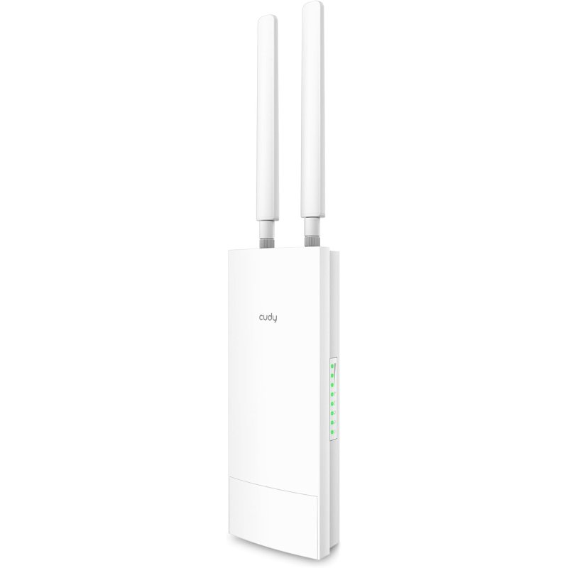 Roteador Wi-Fi branco com duas antenas e luzes verdes laterais
