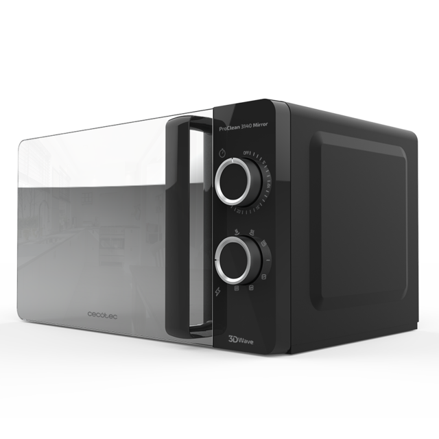 Micro-ondas preto e cinzento com porta de vidro espelhado e controlo rotativo