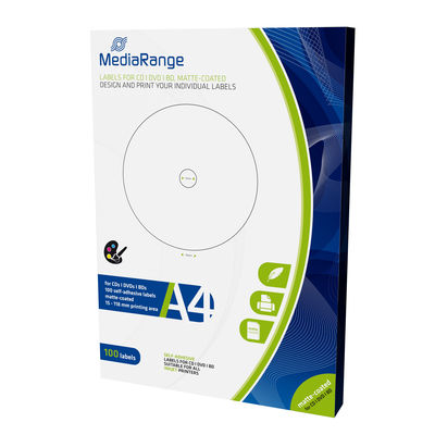 Caixa branca, azul e verde de etiquetas MediaRange para CD/DVD/DVD-R, 100 etiquetas, A4.