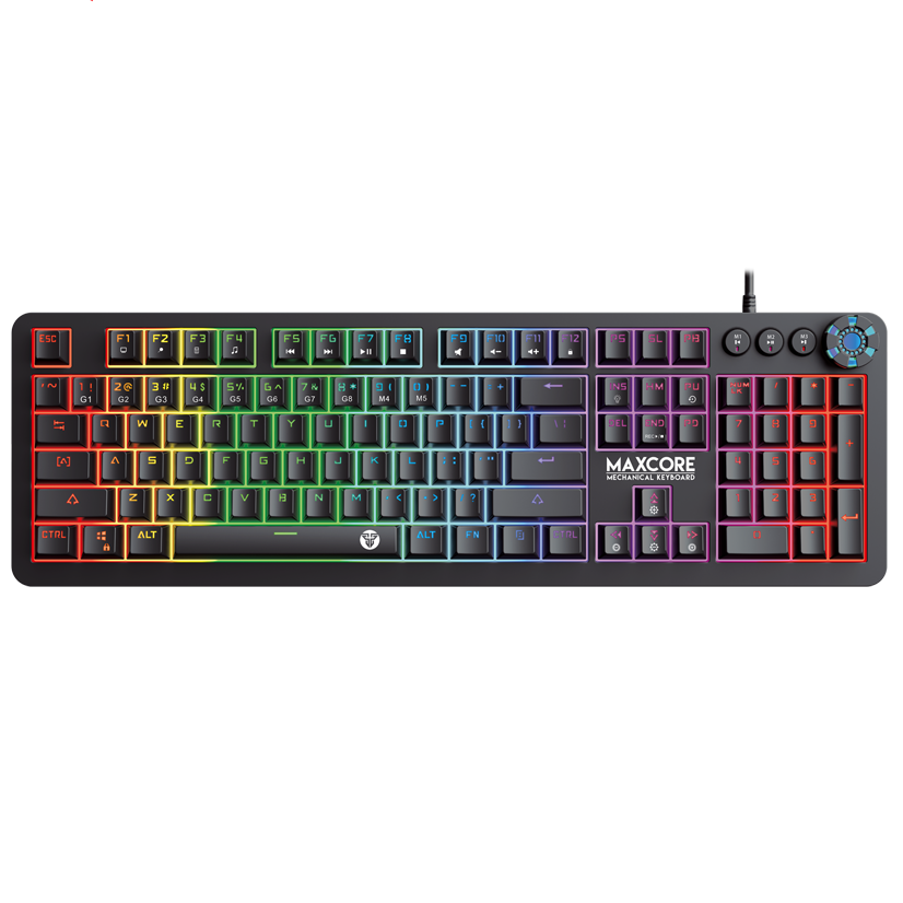 Teclado mecânico preto com luzes RGB e botões adicionais