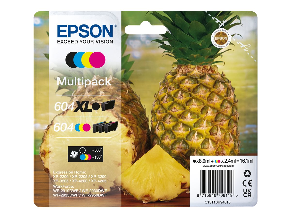 Multipack de tinteiros Epson 604 XL preto e 604 cores com imagem de ananás na embalagem