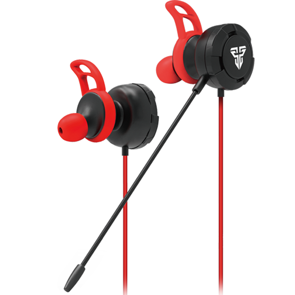 Auriculares intra-auriculares pretos e vermelhos com microfone e detalhe de logotipo branco