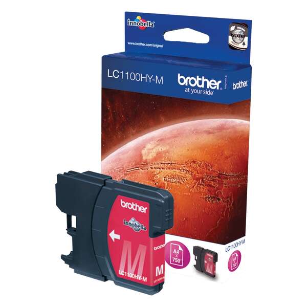 Cartucho tinta Brother LC1100HY-M magenta com embalagem azul e planeta vermelho