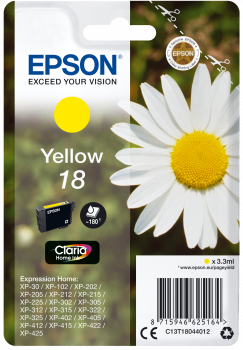 Embalagem de tinteiro Epson Yellow 18 com texto e imagem de flor branca