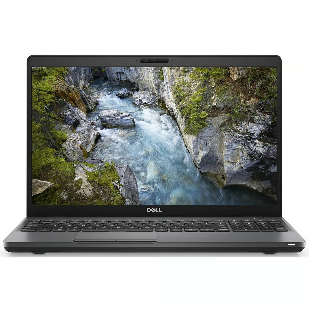 Computador portátil Dell cinza com ecrã mostrando imagem de rio entre rochas e vegetação
