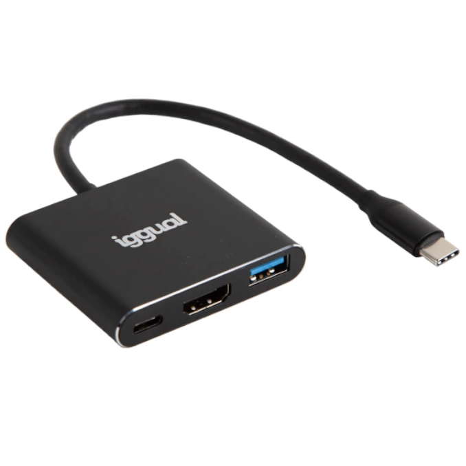 Adaptador preto iggual com cabo USB-C e três portas de saída.