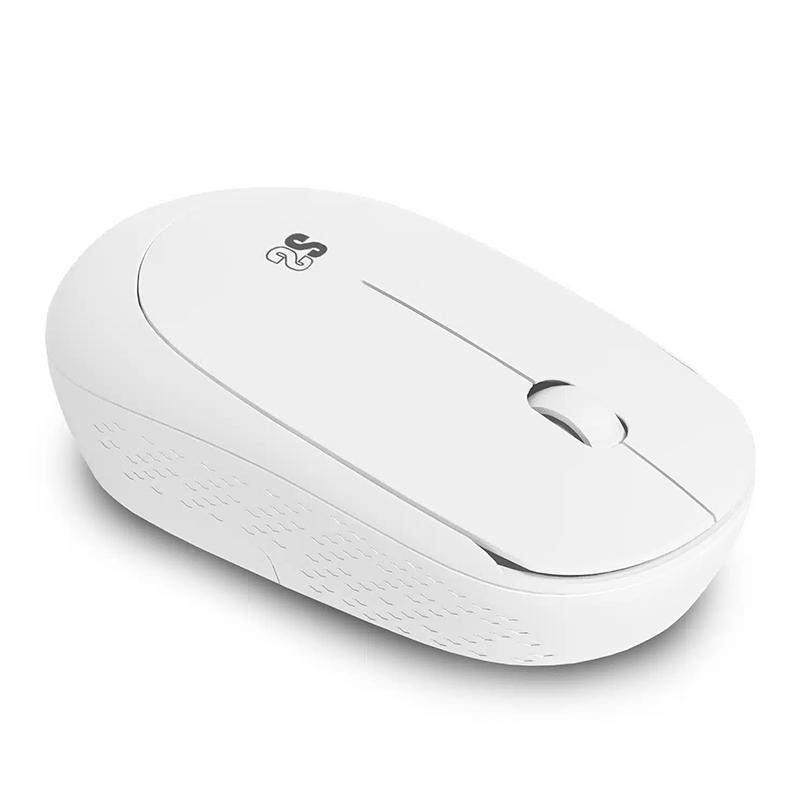 Rato sem fios branco com roda de scroll e logotipo 2S