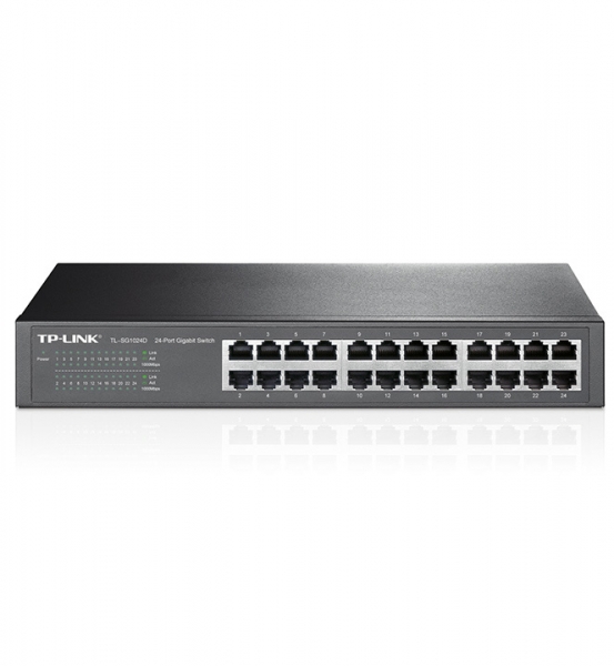 Switch de rede TP-LINK preto com 24 portas Ethernet e LEDs indicadores