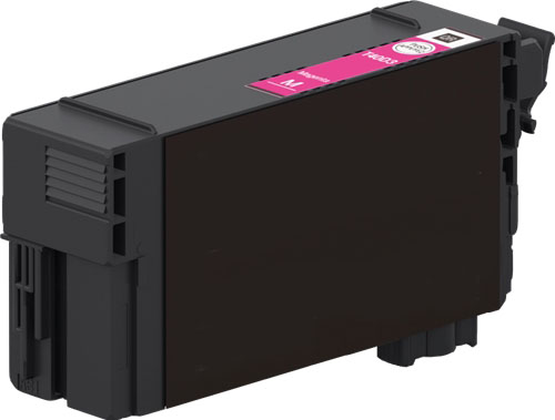 Cartucho de tinta magenta para impressora com rótulo rosa.