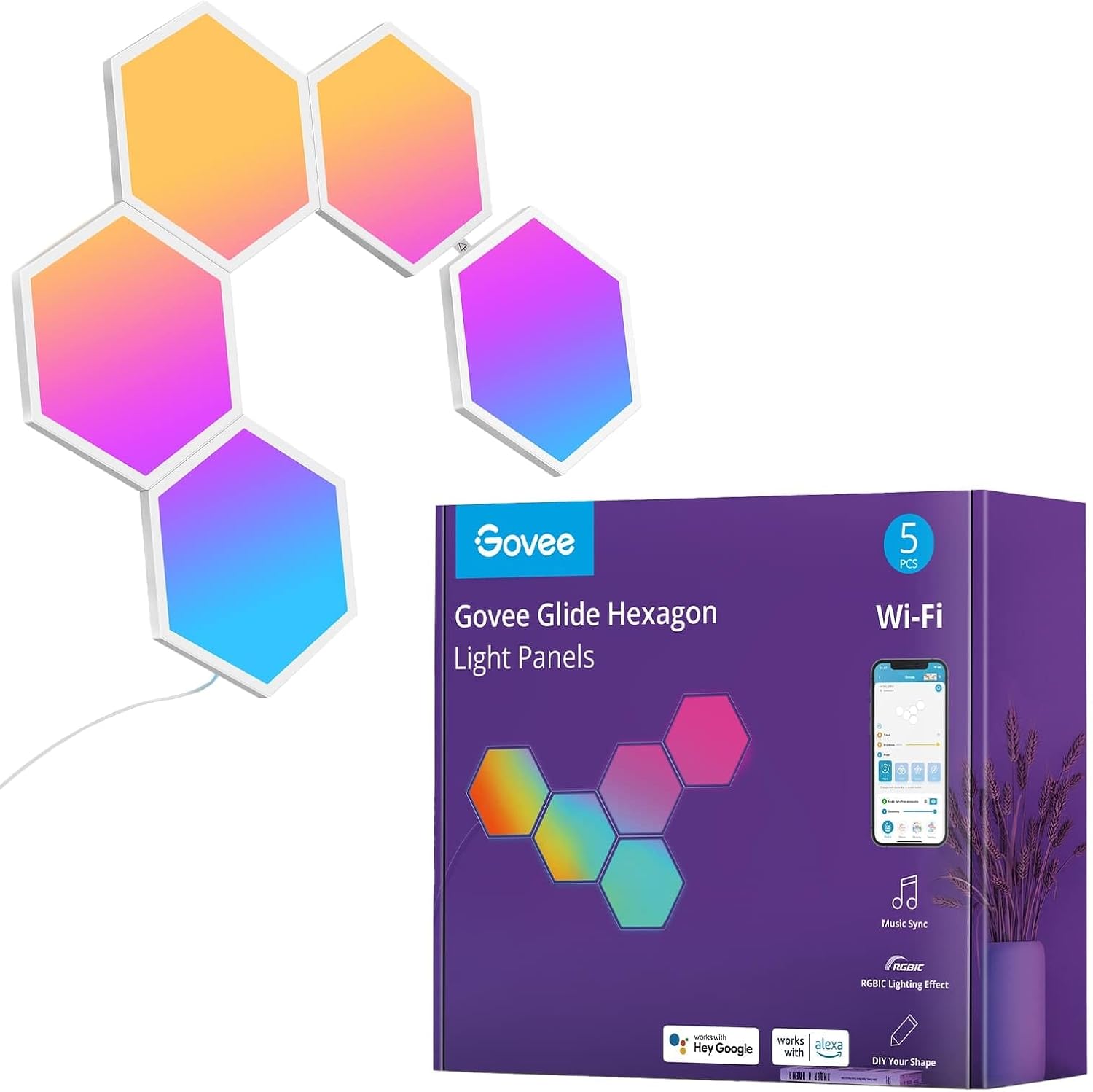 Painéis de luz hexagonais Govee Glide com caixa roxa