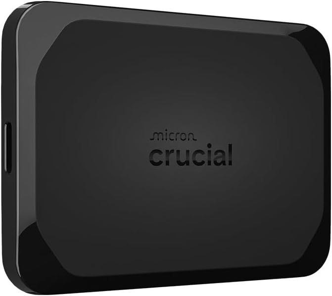 Dispositivo externo de armazenamento preto com texto micron crucial