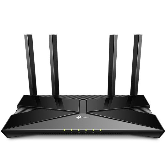 Roteador preto TP-Link com quatro antenas e luzes LED