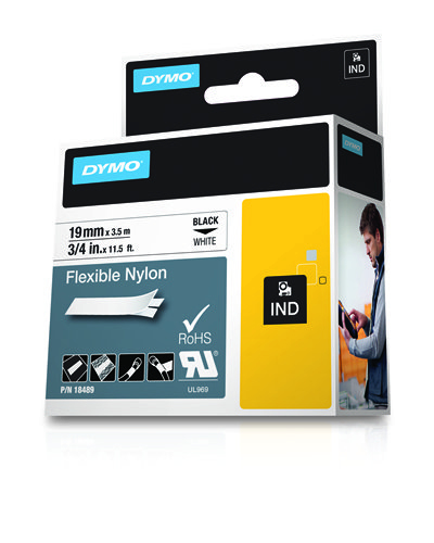 Embalagem de etiqueta DYMO nylon flexível preta e branca 19mm x 3,5m