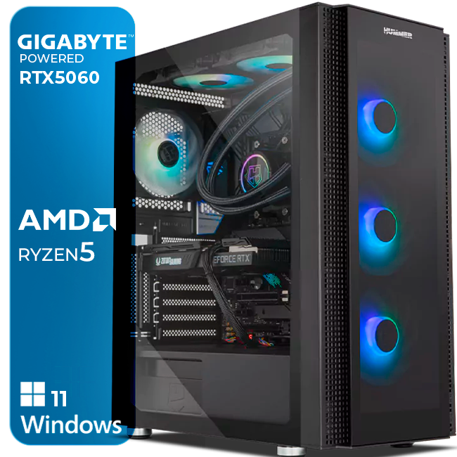 Computador desktop preto com vidro transparente e ventoinhas azuis iluminadas