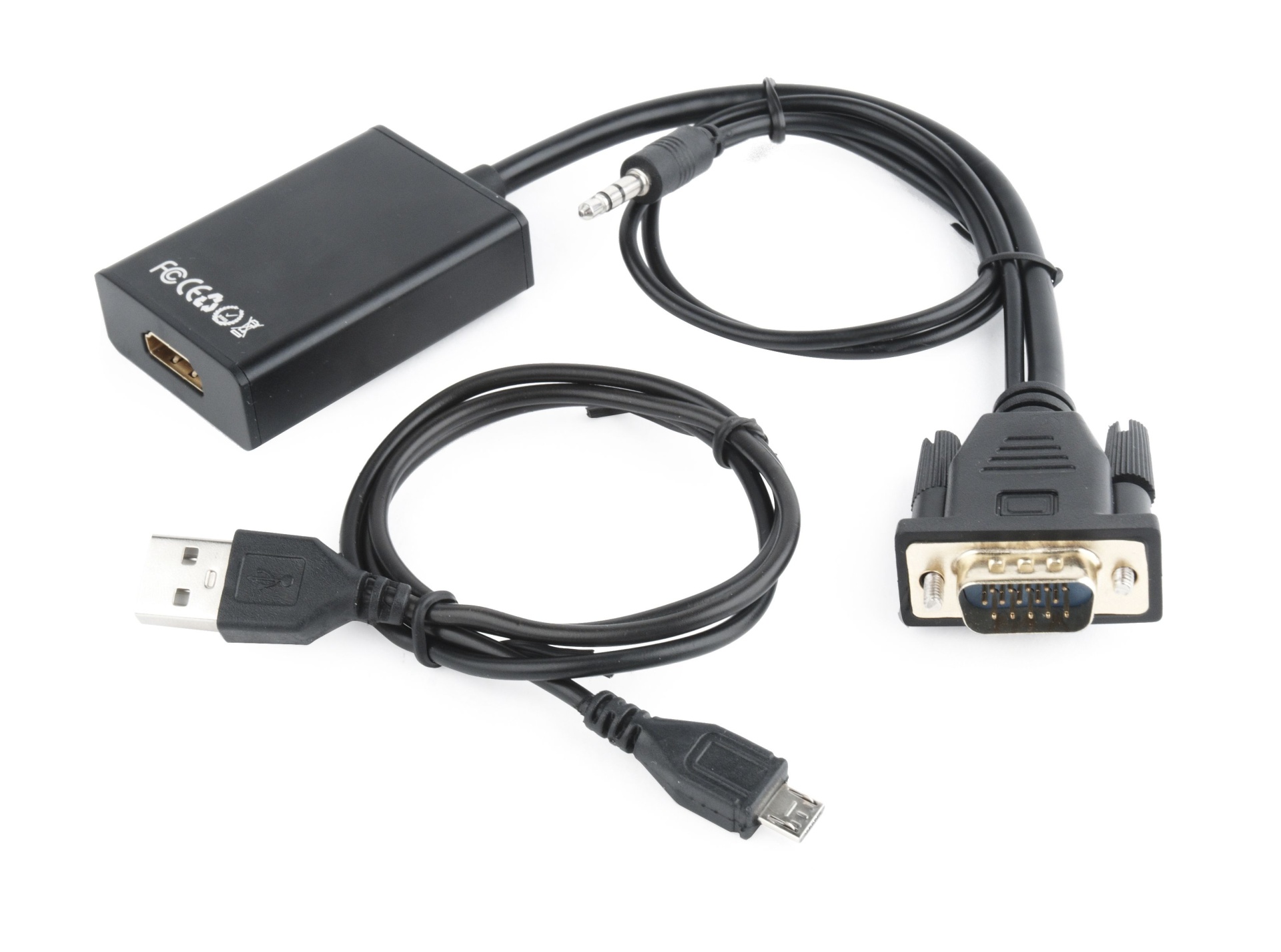 Adaptador preto com conetor VGA e cabo com USB-A e Micro USB