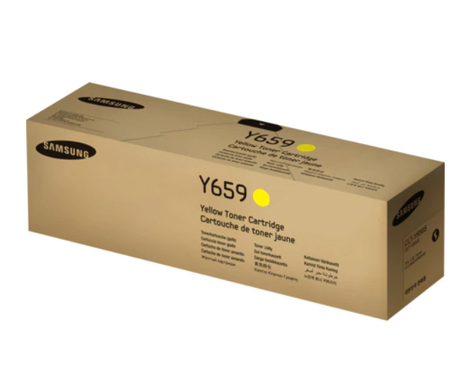 Caixa bege de toner amarelo Samsung Y659 com texto preto