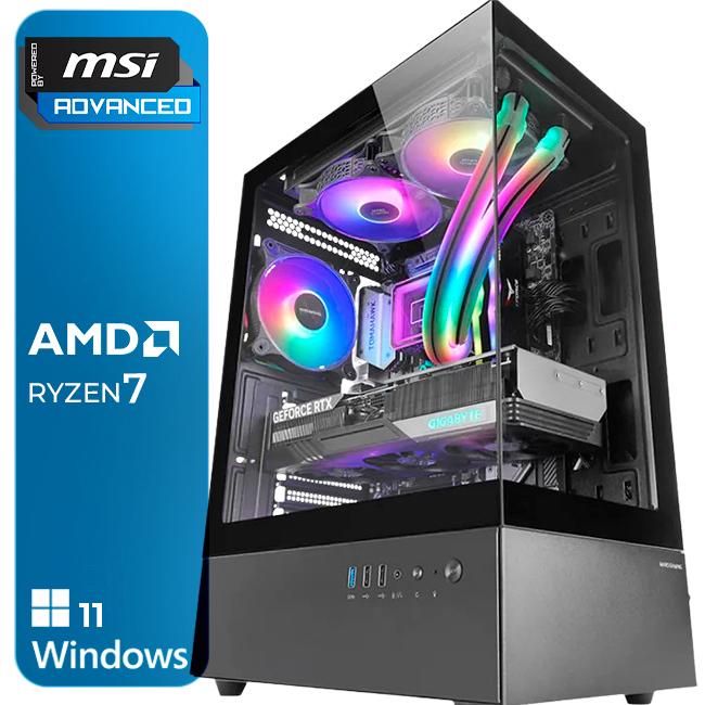 Computador de secretária preto com painel lateral de vidro e ventoinhas RGB