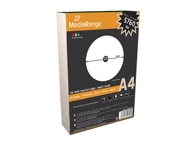 Caixa de etiquetas para CD/DVD/Bluray MediaRange A4 em papel para impressora inkjet.
