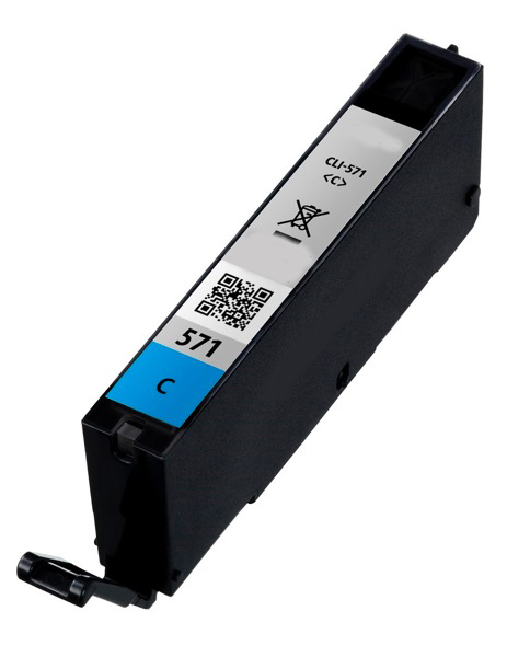 Cartucho de tinta preto com etiqueta branca e azul com código QR e texto CLI-571 571 C