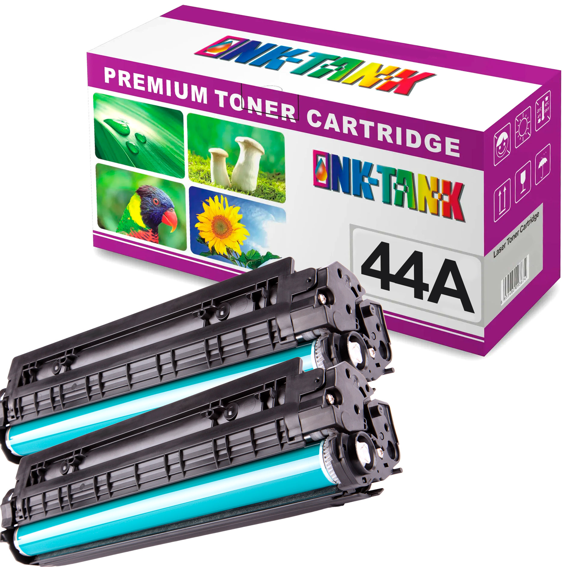 Cartuchos de toner preto 44A INK-TANK com caixa colorida e imagens naturais.