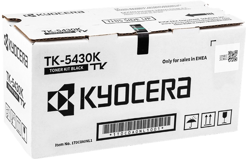 Caixa branca de toner Kyocera TK-5430K preto com texto e símbolos de manuseio