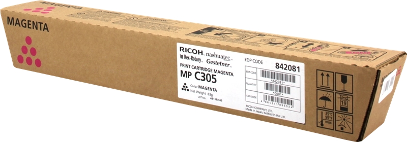 Caixa de cartucho de impressão magenta Ricoh MP C305 em embalagem de cartão