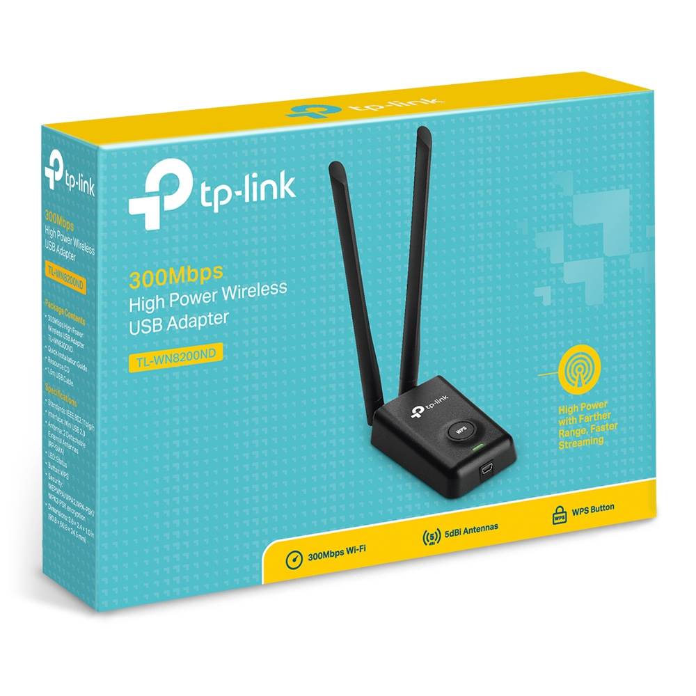 Embalagem de adaptador USB wireless TP-Link TL-WN8200ND azul e amarelo.