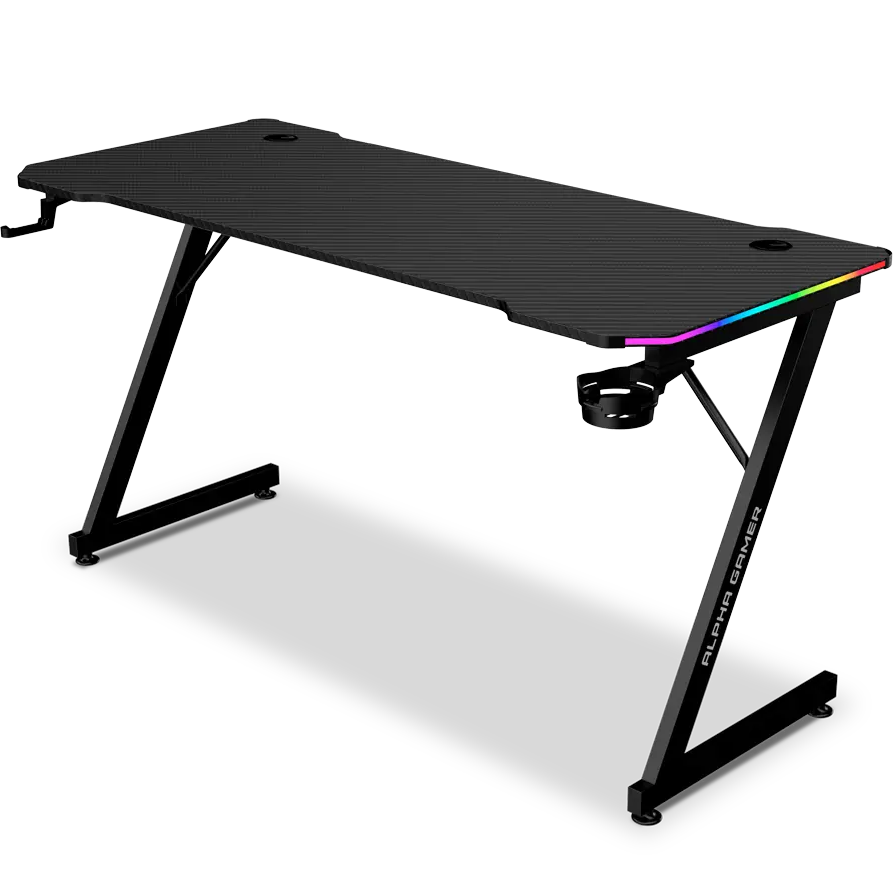 Secretária de gaming preta com iluminação RGB e suporte para copos