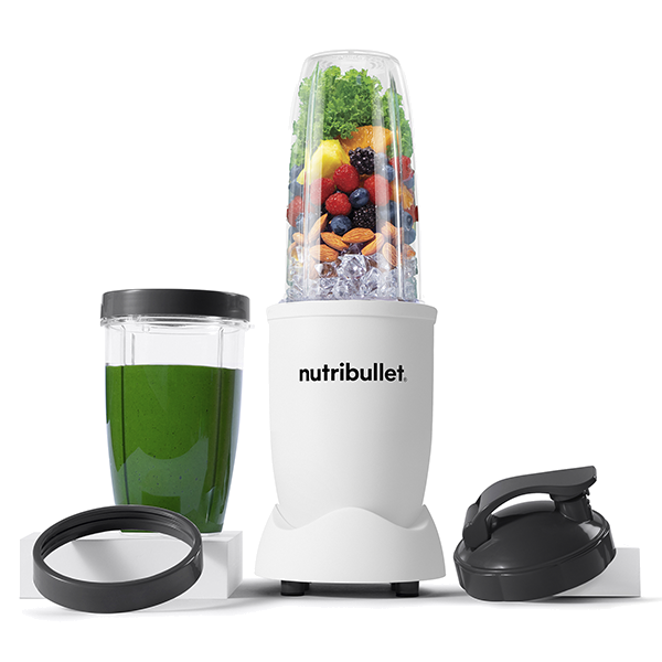 Liquidificador Nutribullet branco com copos e tampas