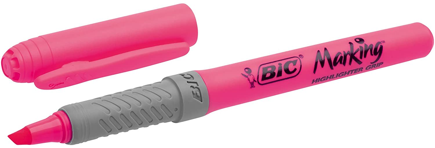 Marcador fluorescente rosa BIC Marking com pega cinzenta e tampa ao lado