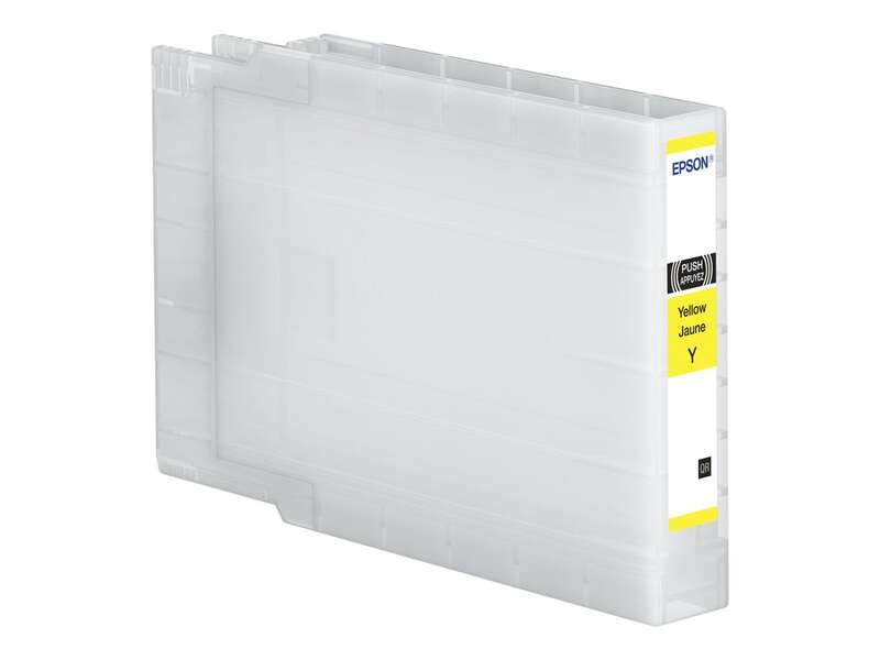 Cartucho de tinta Epson amarelo transparente com etiquetas e textos visíveis