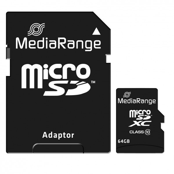 Cartão microSD 64GB e adaptador SD pretos MediaRange