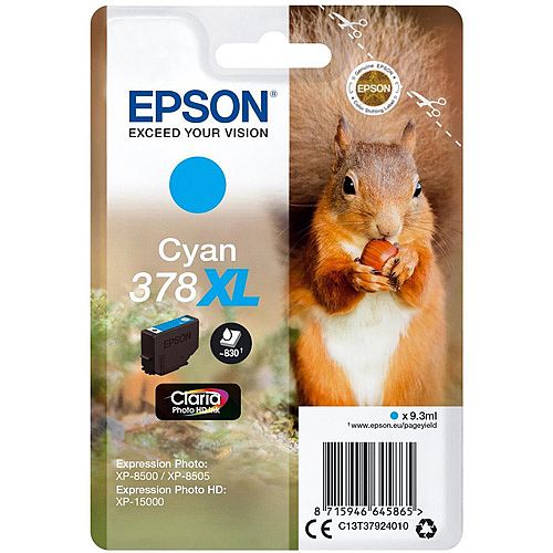 Cartucho Epson Cyan 378 XL com imagem de esquilo e código de barras.
