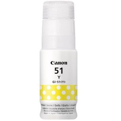 Frasco de tinta Canon amarela 51 Y GI-51(Y) com tampa transparente e etiqueta amarela com pontos brancos