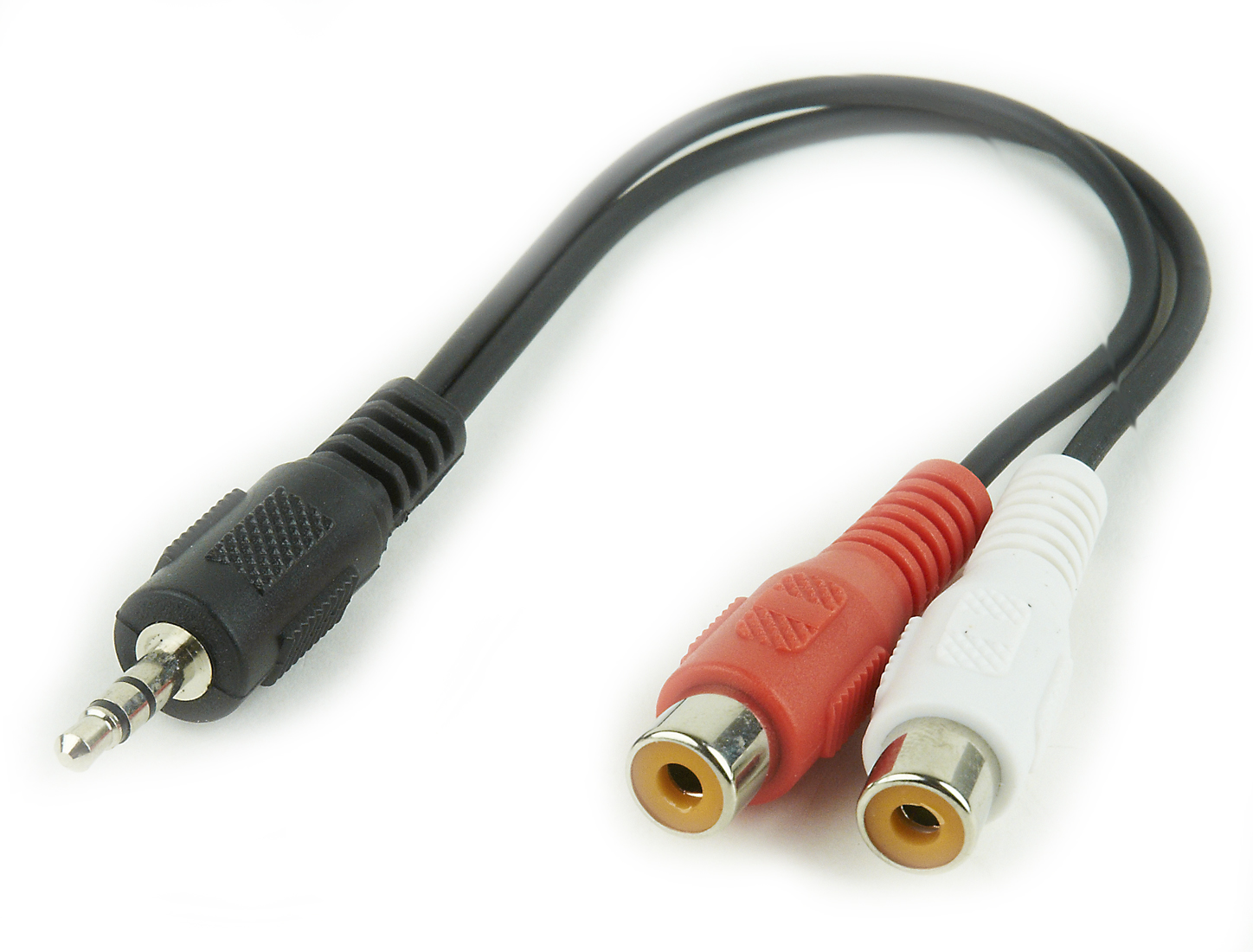 Cabo adaptador preto com ficha 3,5 mm e duas fichas RCA vermelha e branca