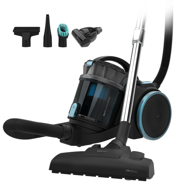 aspirador de pó preto com acessórios e texto CONGA e cecotec
