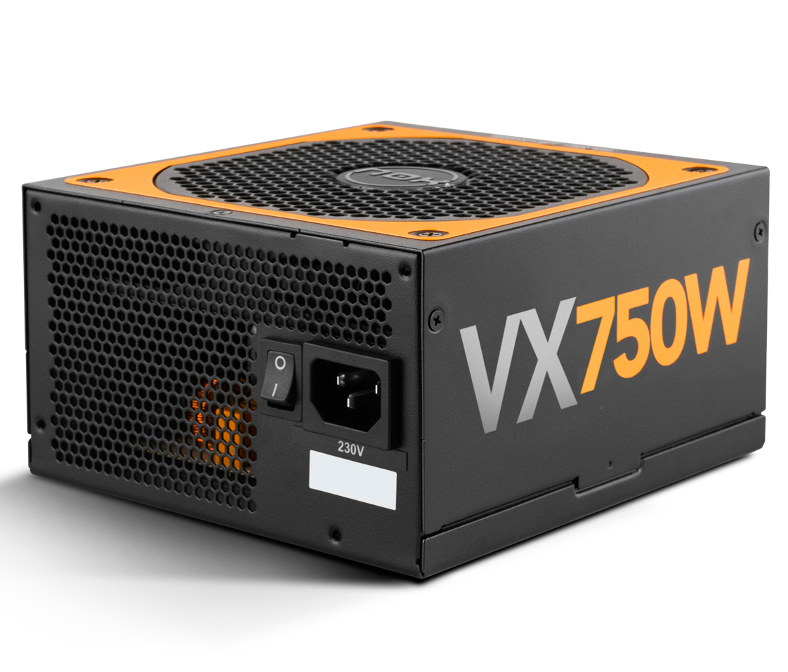 Fonte de alimentação para computador preta com detalhes laranja e texto VX 750W
