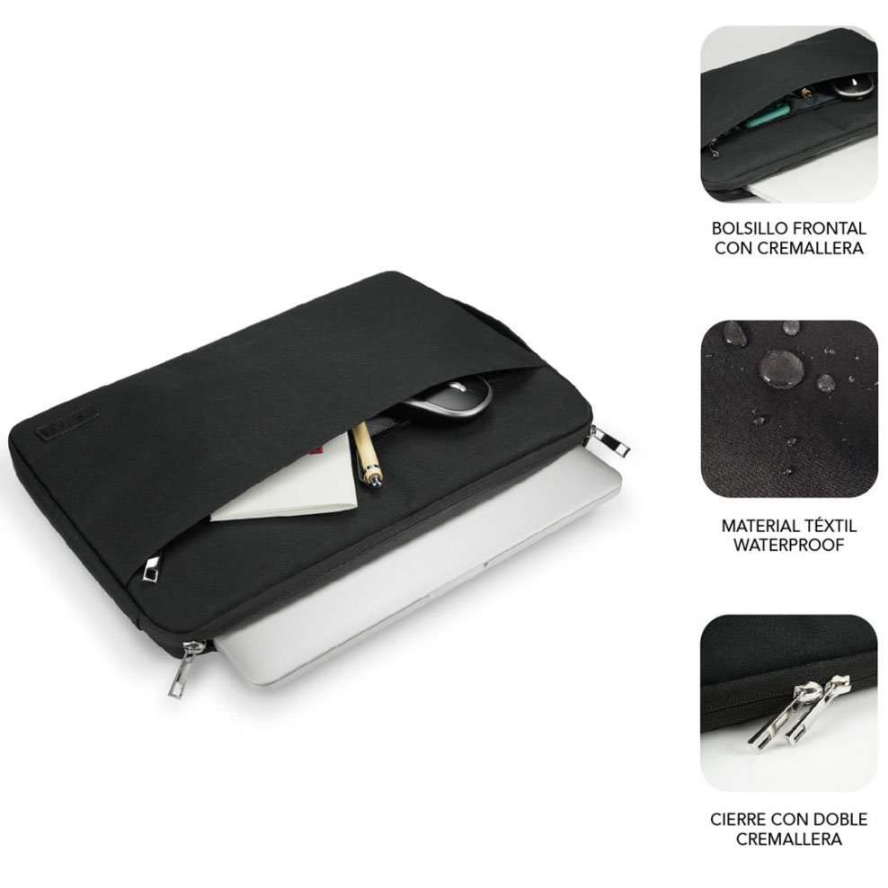 Mala preta impermeável para portátil com bolso frontal e fecho de correr duplo