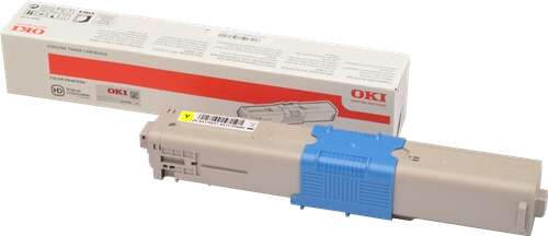 Toner OKI amarelo com embalagem em fundo branco