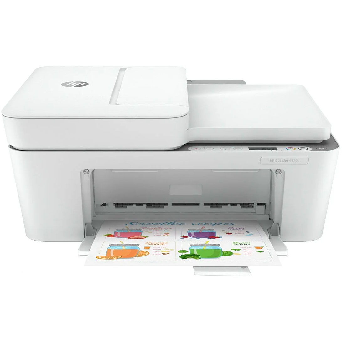 Impressora HP DeskJet 4720e branca a imprimir página colorida com receitas de sumos