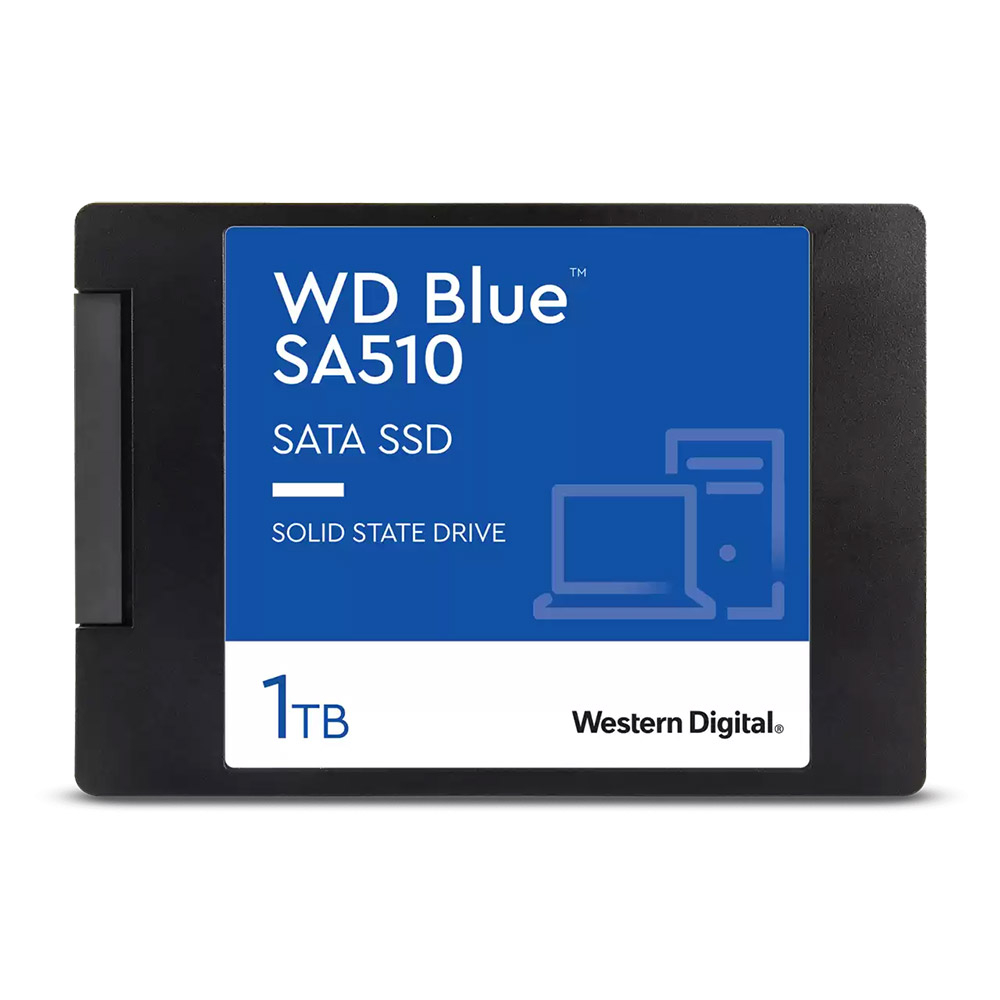 Disco sólido WD Blue SA510 SATA SSD 1TB preto com rótulo azul e branco