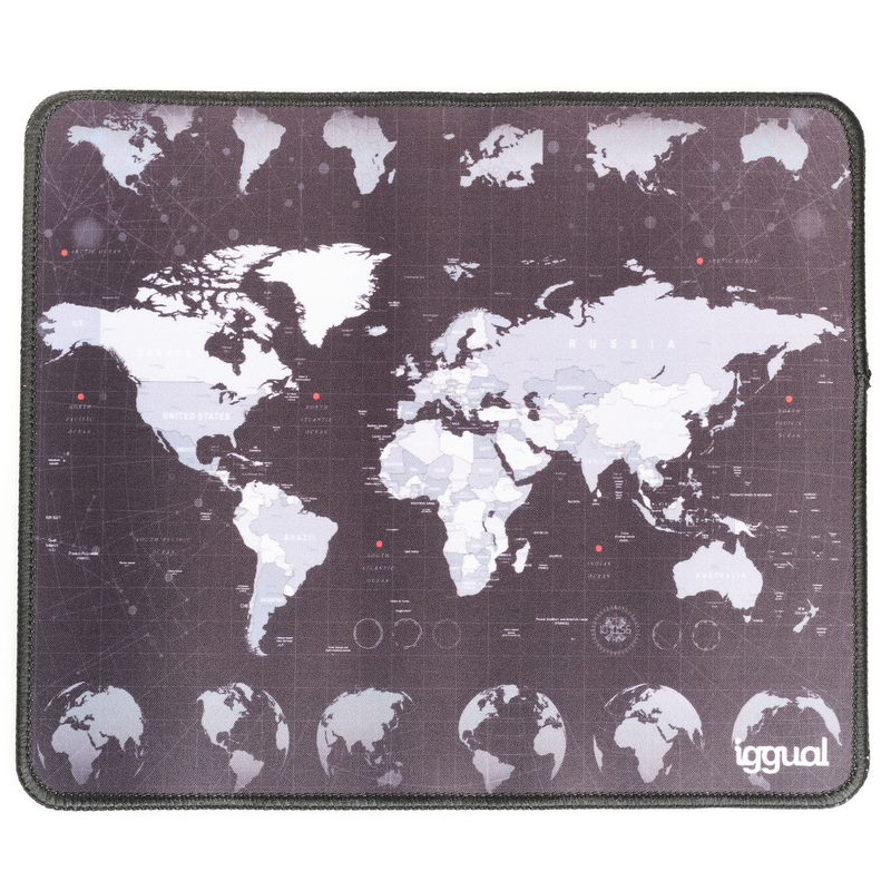 Tapete para rato com estampa de mapa mundi em tons de cinzento e branco.