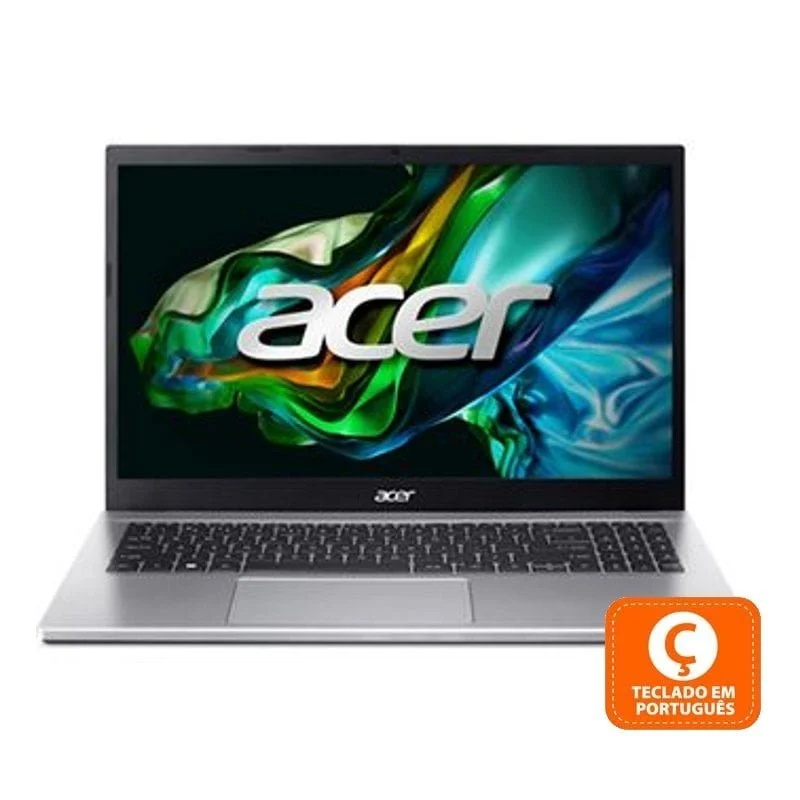 Computador portátil Acer prateado com logótipo e etiqueta de teclado em português