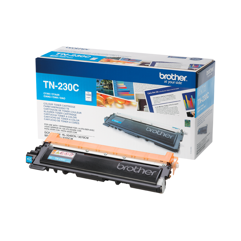 Cartucho de toner Brother TN-230C cyan com embalagem azul e branca