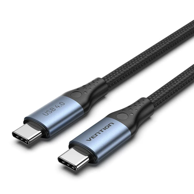 Cabo USB tipo C azul com revestimento trançado preto.