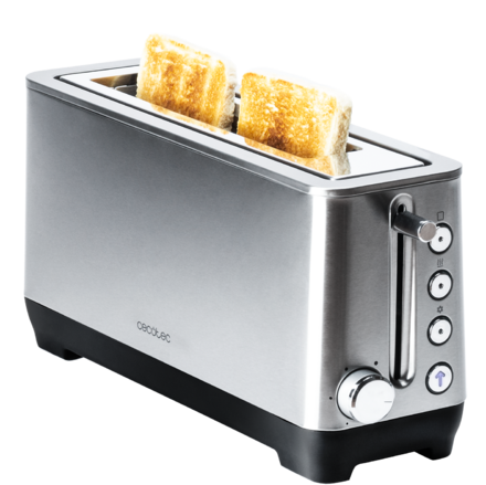 Torradeira prateada com duas fatias de pão torrado e botões no lado direito